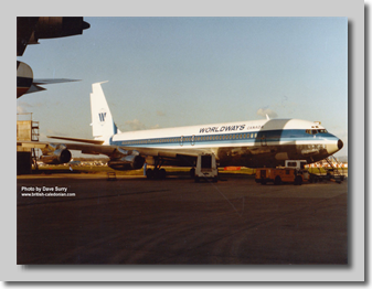 Former BCal 707 G-BDLM now painted up as Worldways C-GGAB (early 1982)